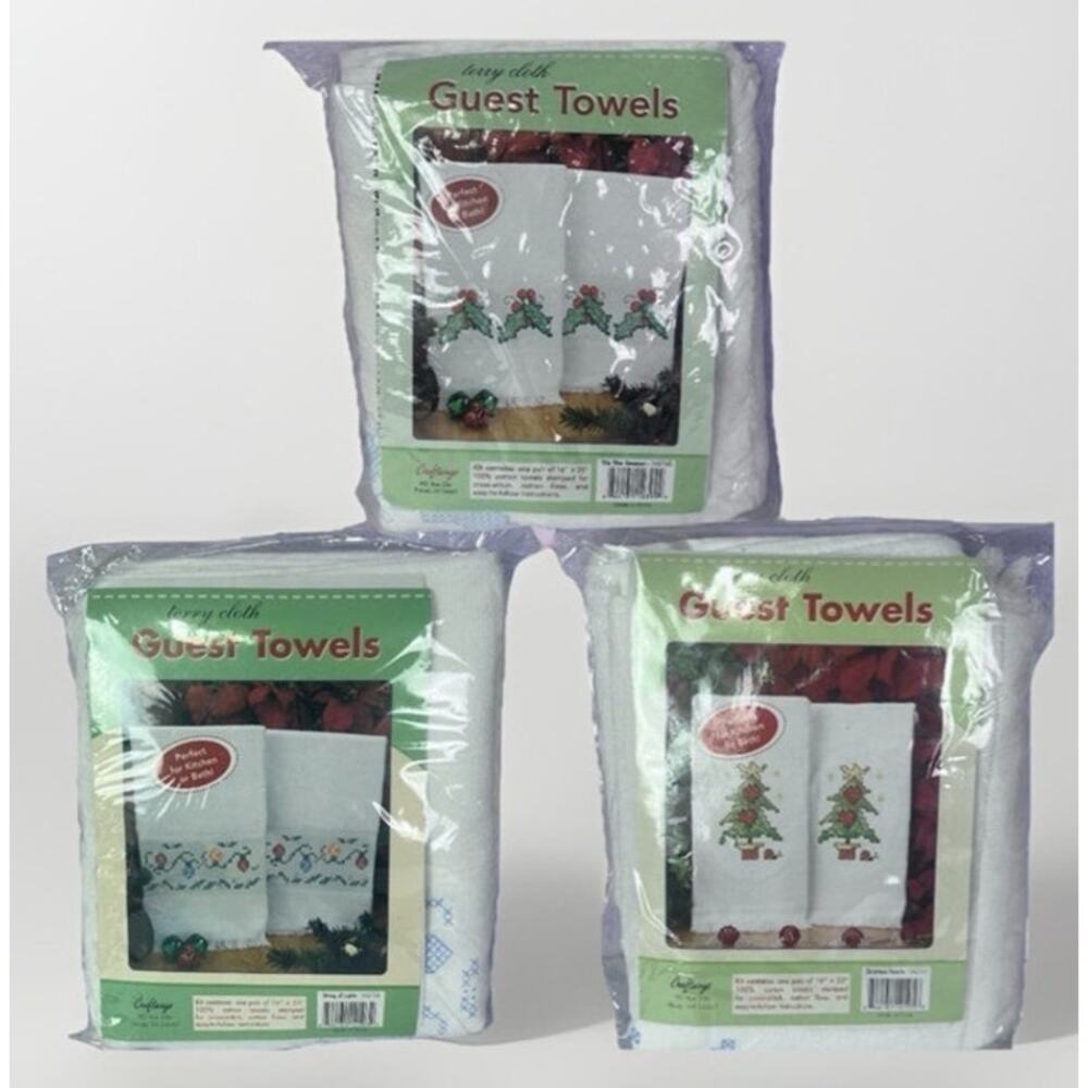 Craftways Cross Stitch Kit Christmas Terry Guest Towels Pair 16"x25" Set of 3